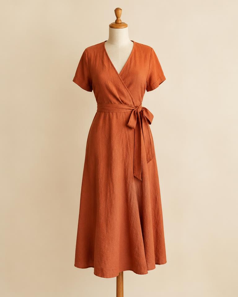 Terracotta Linen Wrap Dress